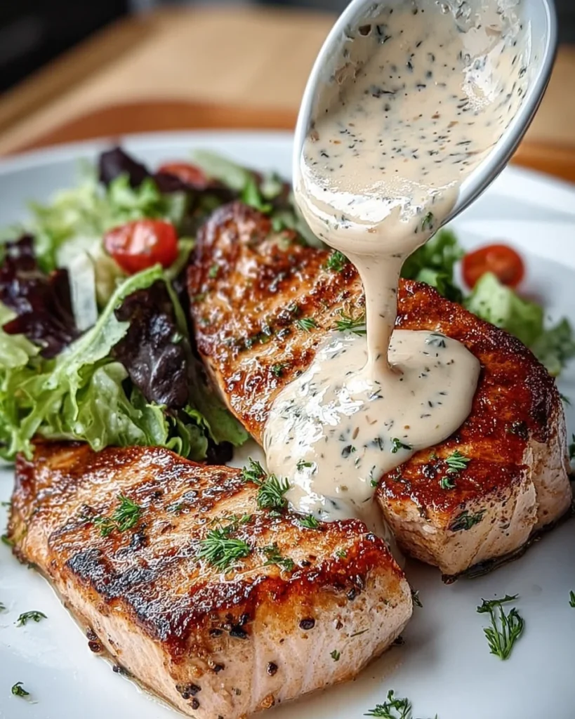 Tuna Steaks with Creamy Garlic Sauce & Salad