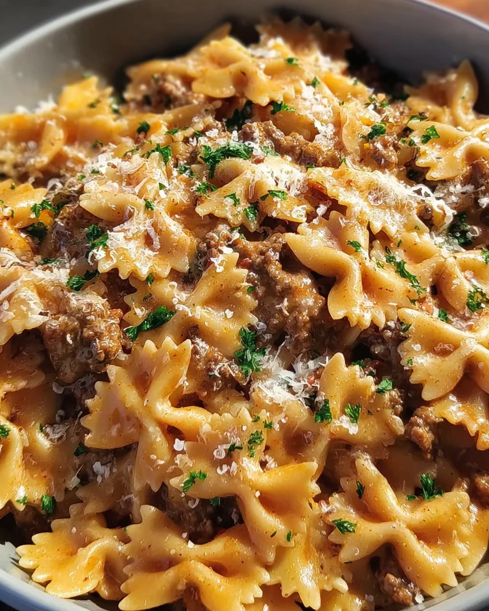 Garlic Parmesan Bowtie Pasta with Creamy Beef recipe