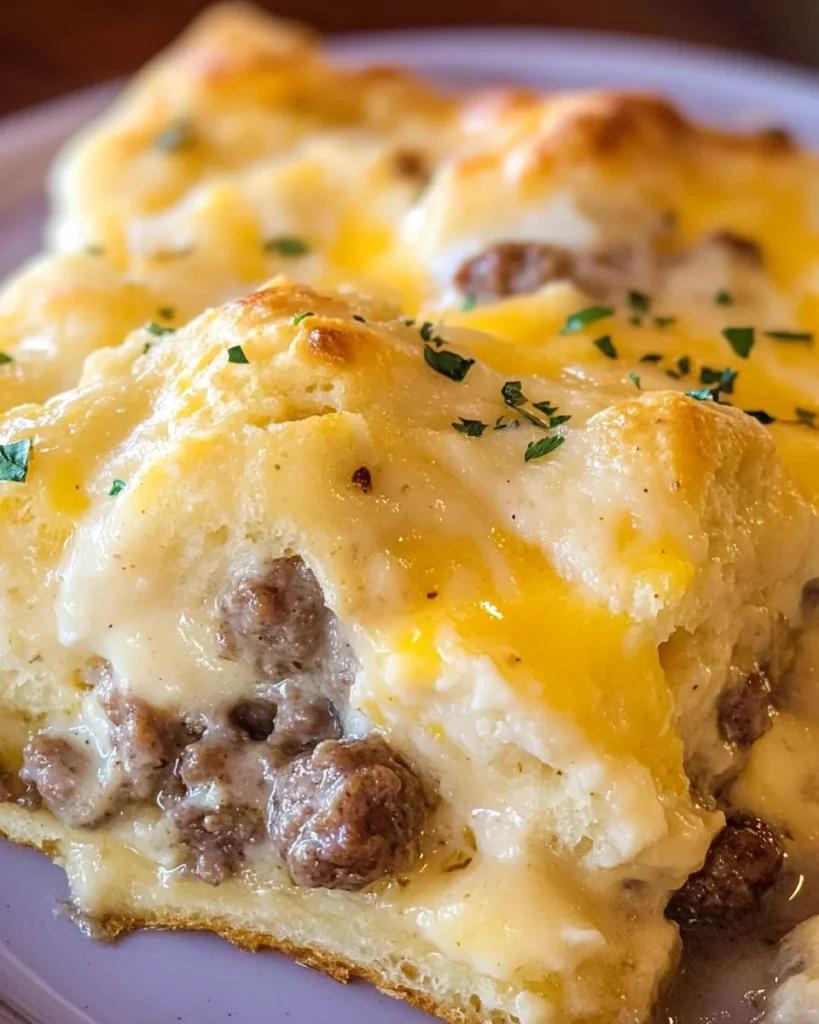 Biscuits and Gravy Casserole with Sausage and Eggs