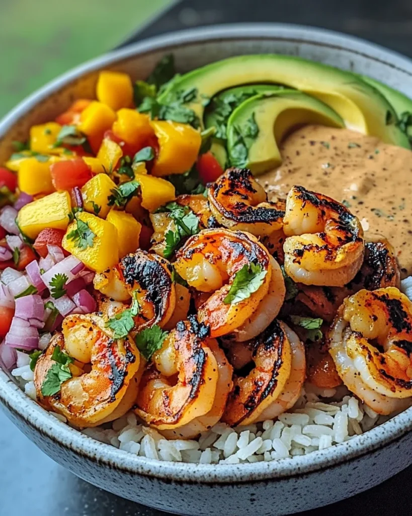 Shrimp and Avocado Bowls with Mango Salsa & Lime-Chili Sauce